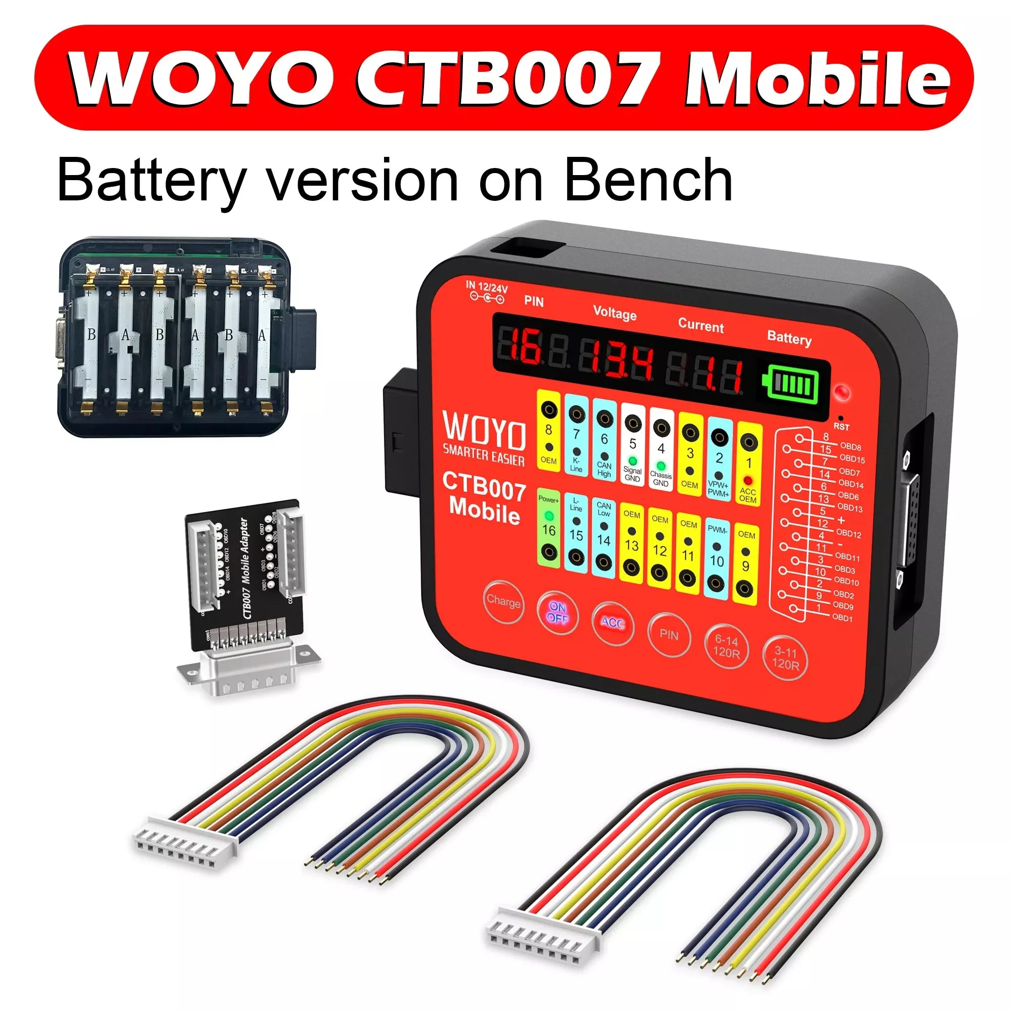 WOYO CTB007 Mobile Support Rechargerable Battery ECU Testing Tool With 2pcs Built-in 120 ohm Resistor, Provide ACC Power Red