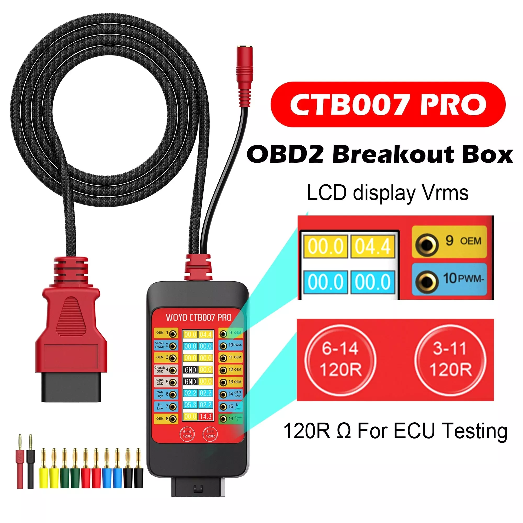 WOYO CTB007 PRO OBD2 Breakout Box with LCD Display 16PINs Vrms, ECU Testing on Bench with Built-in 120ohm Resistor, Diagnostic Tool 70cm No Cable