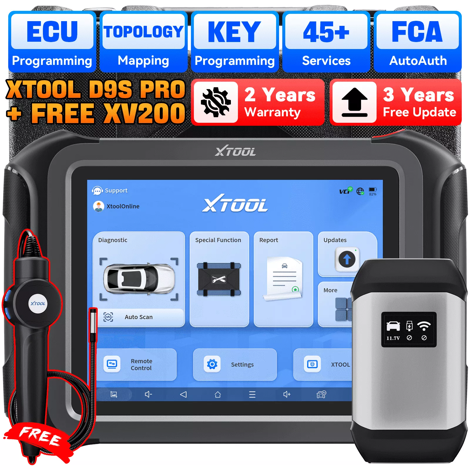XTOOL D9S Pro + XV200 Endoscope Automotive OBD2 Scanner Bluetooth Diagnostic Tool, Bi Directional Scan Tool, Full System Diagnostic Tool, 45 Services