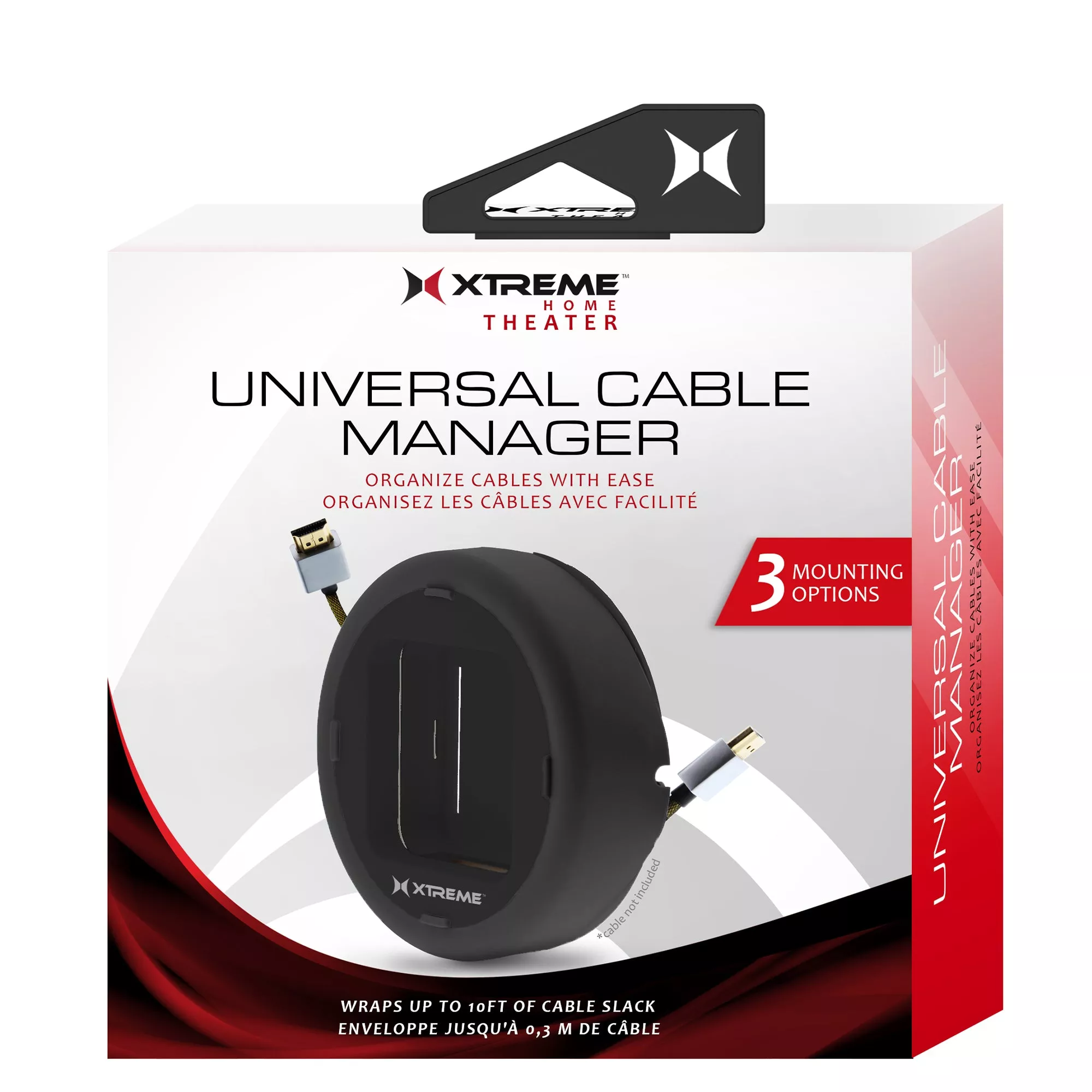 Xtreme Universal Cable Management Box Fits up to 10ft of Cord 3-Way Mounting for TV Brackets, Walls, or TV Backs (Black)
